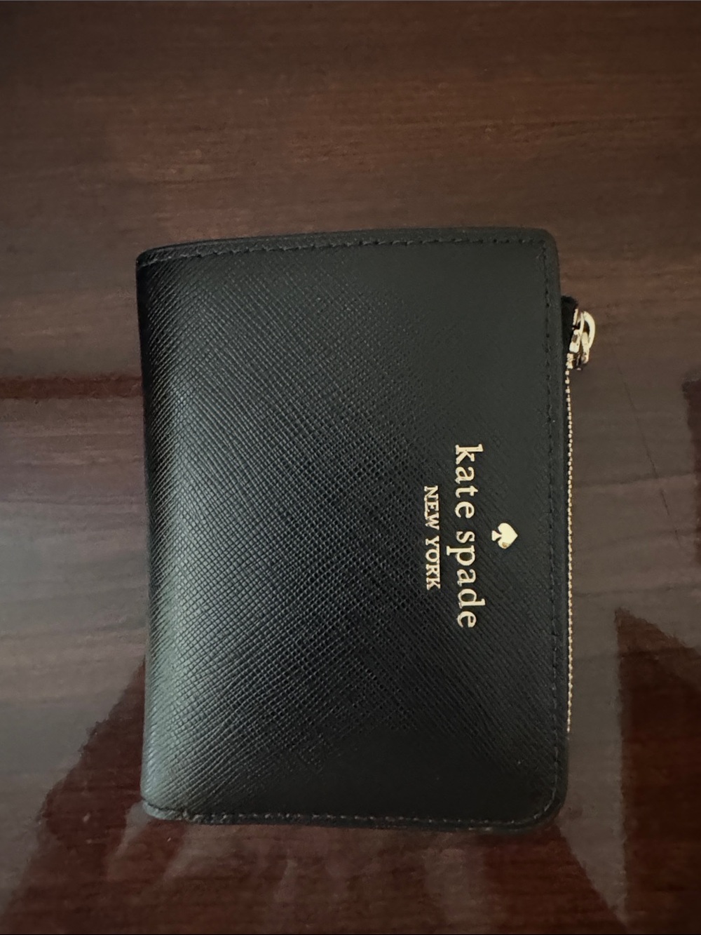 kate spade Black Saffiano Leather Zip Wallet with Gold Logo